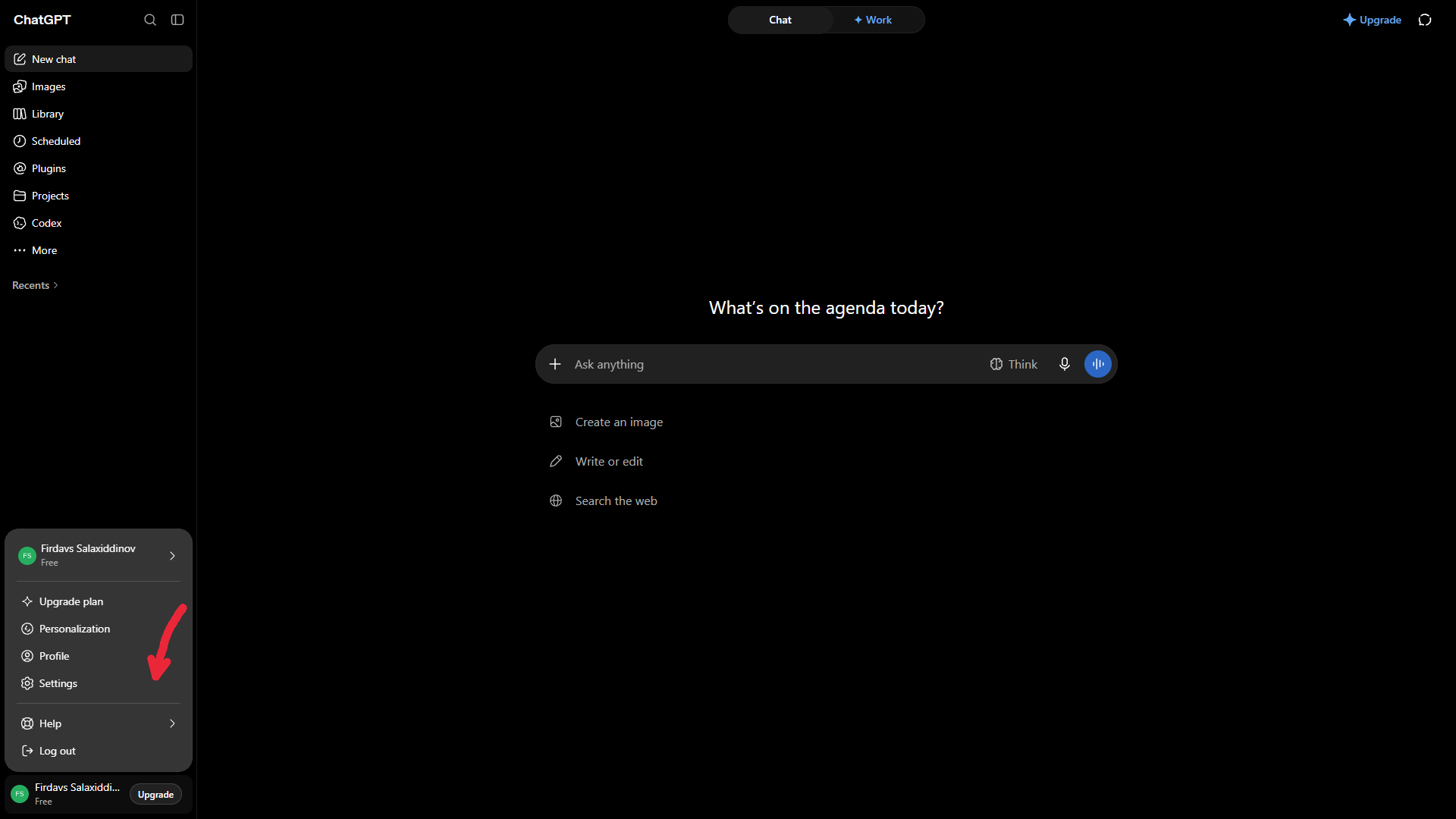 The ChatGPT account menu open with Settings highlighted