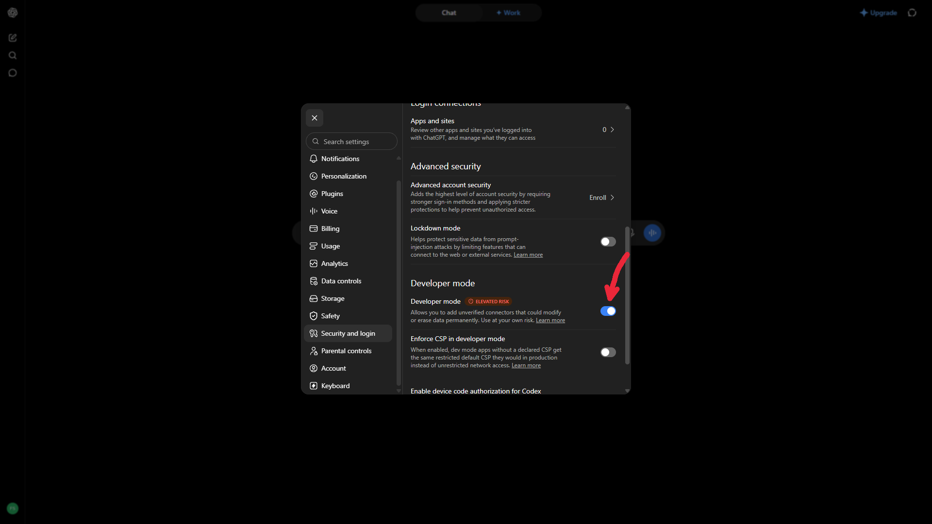 ChatGPT Security and login settings with the Developer mode toggle switched on