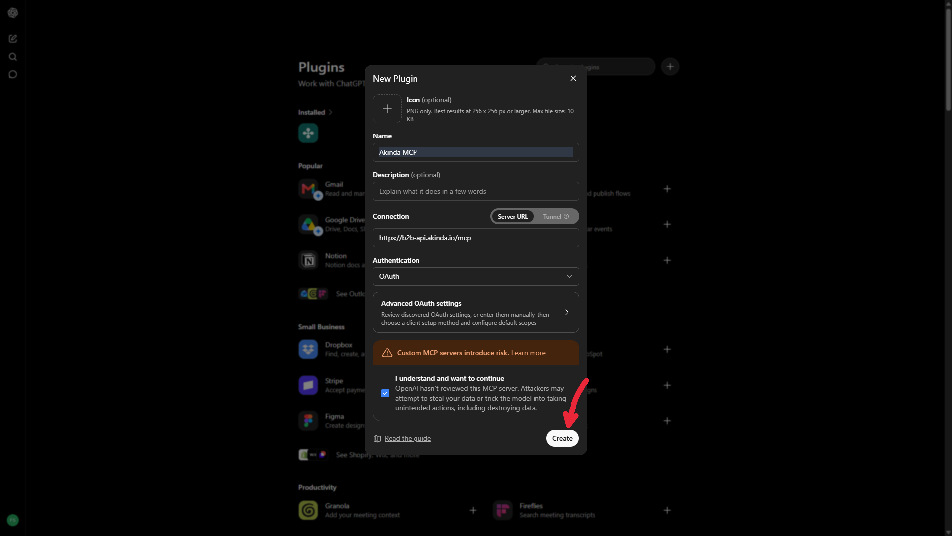 The New Plugin dialog with the Akinda MCP server URL entered and OAuth selected